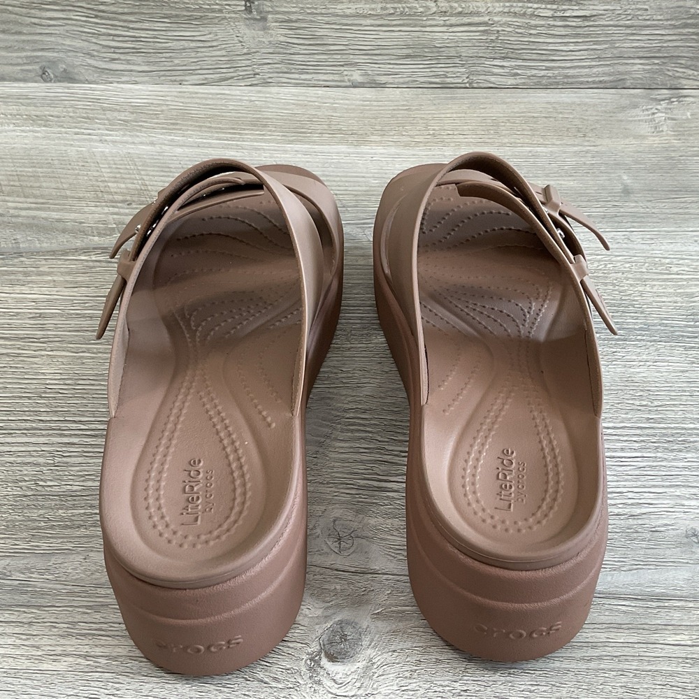 Crocs Lite Ride Beige Brooklyn Platform Sandals Mid Wedge Buckle Slide Women's 9 - Picture 13 of 15